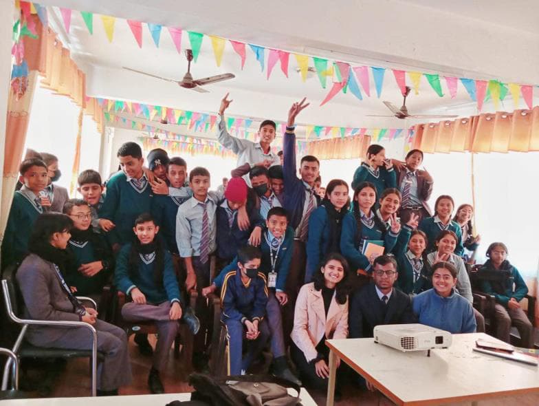 Group photo after Adolescence and Mental Health school program — 72 students, Grades 4–5, Janasewa Secondary School, Kirtipur