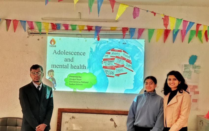 TAPAS Research Labs cohort members presenting Adolescence and Mental Health session at Janasewa Secondary School, Kirtipur
